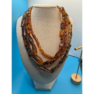 Tortoise Shell Amber Resin Triple Strand Statement Necklace Layered Beaded Boho